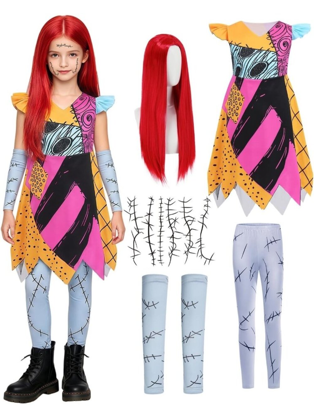 Kids Sally Doll Halloween Costume Nightmare Cosplay Patchwork Dress Girls 11-12Y